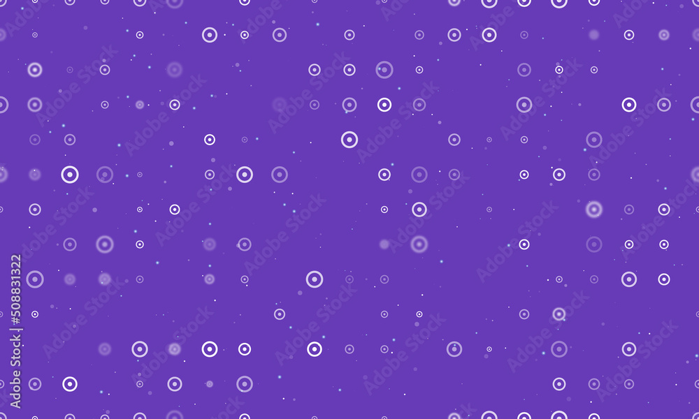 Seamless background pattern of evenly spaced white astrological sun symbols of different sizes and opacity. Vector illustration on deep purple background with stars