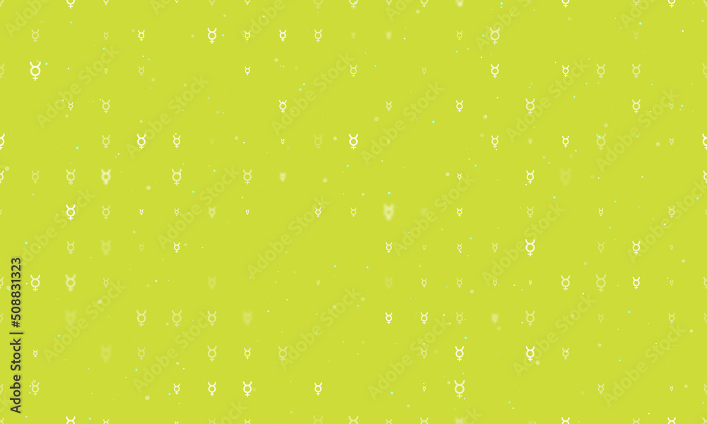 Seamless background pattern of evenly spaced white astrological mercury symbols of different sizes and opacity. Vector illustration on lime background with stars Seamless background pattern of evenly spaced white astrological mercury symbols of different sizes and opacity. Vector illustration on lime background with stars
