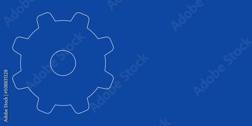 A large white outline gear symbol on the left. Designed as thin white lines. Vector illustration on blue background
