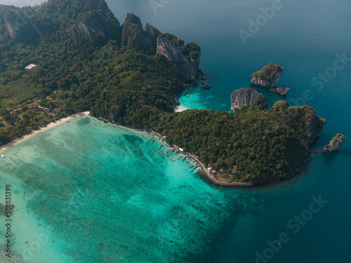 Fototapeta Naklejka Na Ścianę i Meble -  Aerial view of the turquoise waters around the island of Koh Phi Phi Don