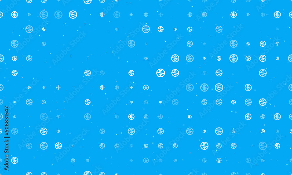 Seamless background pattern of evenly spaced white no dollar symbols of different sizes and opacity. Vector illustration on light blue background with stars Seamless background pattern of evenly spaced white no dollar symbols of different sizes and opacity. Vector illustration on light blue background with stars