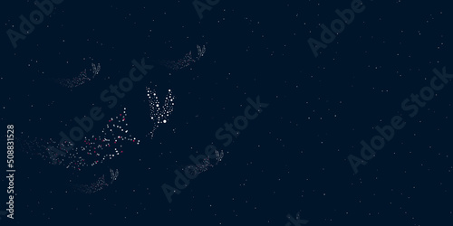 A wheat symbol filled with dots flies through the stars leaving a trail behind. Four small symbols around. Empty space for text on the right. Vector illustration on dark blue background with stars
