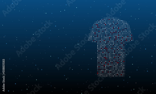 On the right is the t-shirt symbol filled with white dots. Background pattern from dots and circles of different shades. Vector illustration on blue background with stars