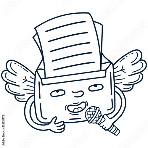 Cute flying doodle style paper letter with a microphone. Romantic sticker insulated on a white background. 