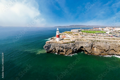 Gibraltar: Lighthouse of Europa Point in Gibraltar overlooking the Strait with Morocco in the background.