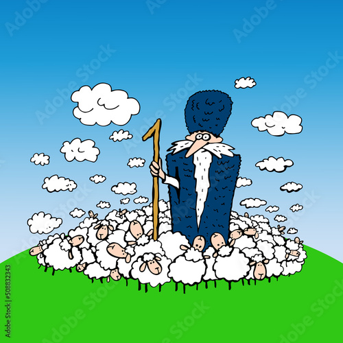 Crazy shepherd and flock of sheep that look like clouds on green hill