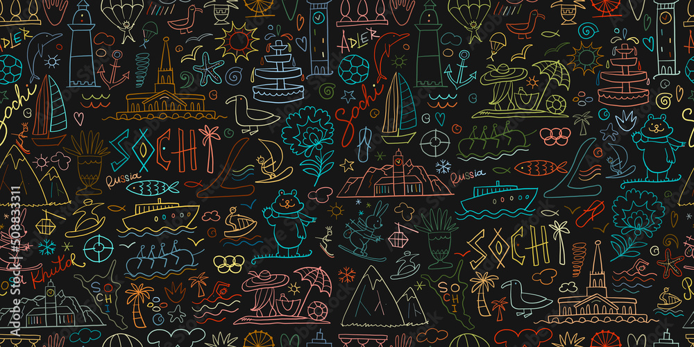 Obraz premium Travel to Sochi, Russian City on Black Sea. Tourism Concept. Seamless Pattern Background for your design