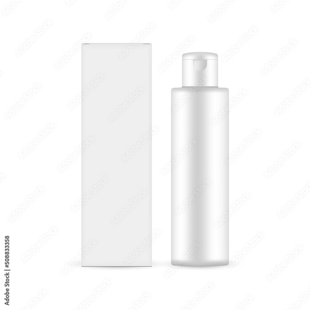 Plastic Bottle With Paper Box for Shampoo or Facial Cosmetics, Isolated on White Background. Vector Illustration Plastic Bottle With Paper Box for Shampoo or Facial Cosmetics, Isolated on White Background. Vector Illustration