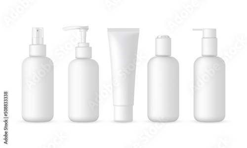 Blank Cosmetic Packaging Bottles Mockup: Tube, Spray, Pump Bottles. Vector Illustration