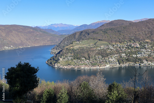Fototapeta Naklejka Na Ścianę i Meble -  The View to the Lake Lugano and the surrounding Mountains from Serpiano, Ticino, Switzerland