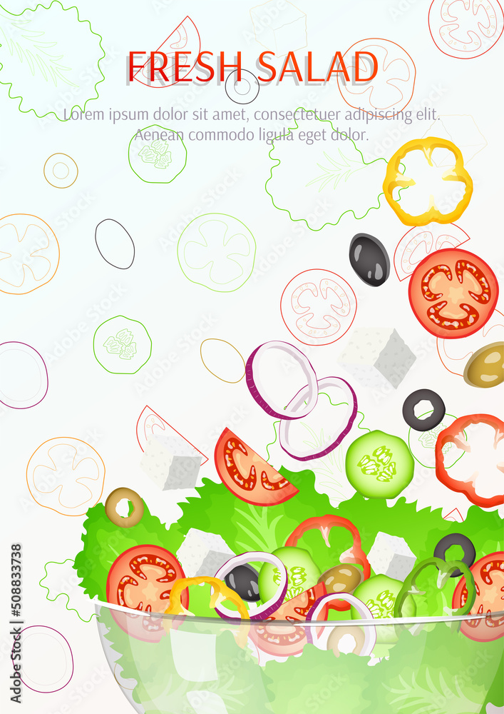 Fresh vegetable salad. Vegetables, healthy eating, dieting concept. A4 vector illustration for banner, poster, flyer.