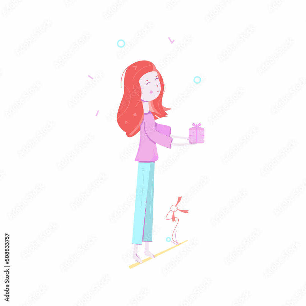 Colorful girl kid standing and holding a present decorated by some geometric shapes. Smiling red hair young woman with gift box standing nearby flower, plant. Colorful girl kid standing and holding a present decorated by some geometric shapes. Smiling red hair young woman with gift box standing nearby flower, plant.