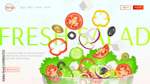 Fresh vegetable salad. Lettering: Fresh Salad. Vegetables, healthy eating, dieting concept. Vector illustration for flyer, poster, banner, website development.