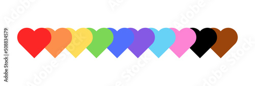 Vector Illustration of Hearts in LGBTQ+ Pride Flat Colours. Rainbow Hearts Banner for Pride Month isolated on white background. Gay Pride Hearts Design Element for social media.
