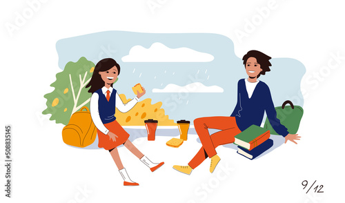 Family time. Students have lunch at school. Brother and sister communicate. A set of vector illustrations of the family for a calendar.