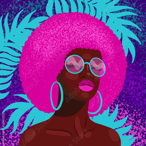 Retro Wave music album cover template with african american girl in sunglasses. Retro futuristic vector background