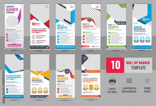 Design of vector white roll-up banners with round, square, diagonal and triangular design elements and a place for photo, 