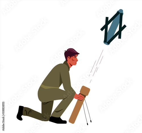 Soldier with actical loitering ammunition Switchblade. Launch moment. Modern weapons.