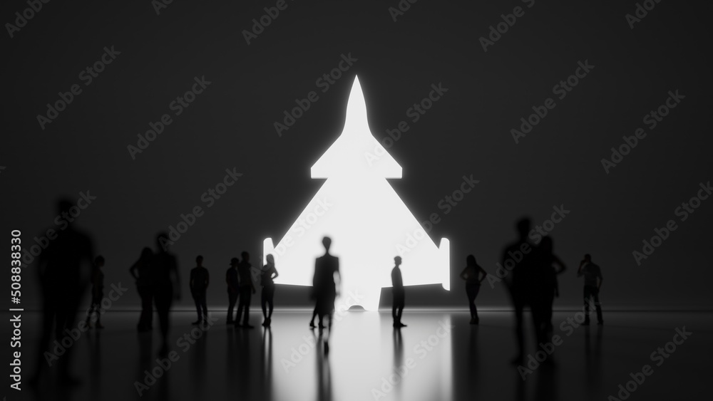 3d rendering people in front of symbol of fighter plane on background