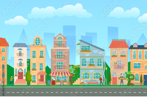 City street. Panoramic cityscape with bright houses, walking pedestrians. Shop and stores. Summer city. Vector illustration in cartoon style. © Oksana