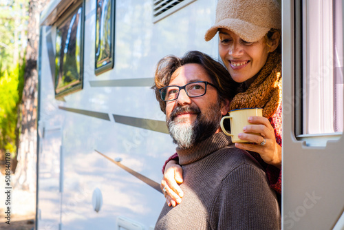 Konstfotografi Vacation on camper van for adult people enjoying nature and free parking