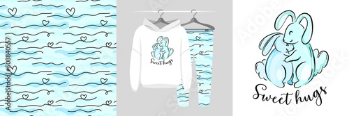 Seamless pattern and illustration set with family hugs, mom and baby bunny. Cute design pajamas on a hanger. Baby background for apparel, room decor, tee prints, baby shower, fabric design, wrapping