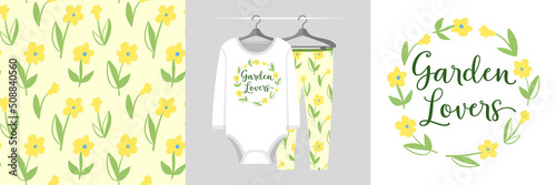 Seamless pattern and illustration set with round flower wreath and cute flowers, Garden Lovers text. Cute design pajamas on a hanger. Baby background for apparel, room decor, tee prints, wrapping