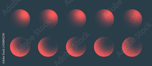 Various Degree Noise Pale Red Grainy Textured Sphere Forms Vector Trendy Abstract Graphic Background. Different Handdrawn Dotted Light Shadow 3D Ball Figures Isolate Design Elements Texture Collection
