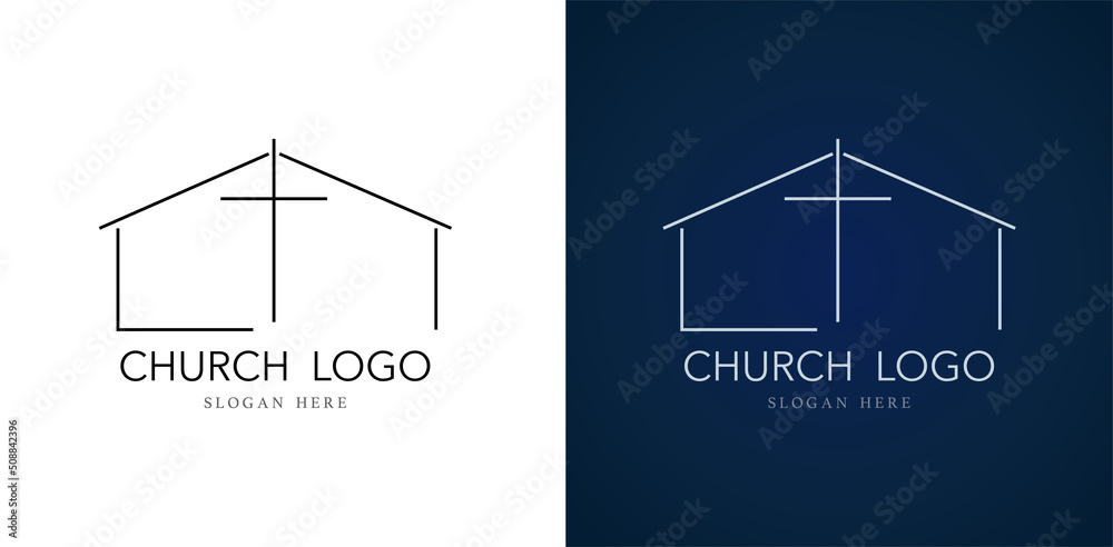 Church logo with cross and house design vector illustration isolated on white background. Modern logo template with christian church building line art. House of charity. Christian icon.