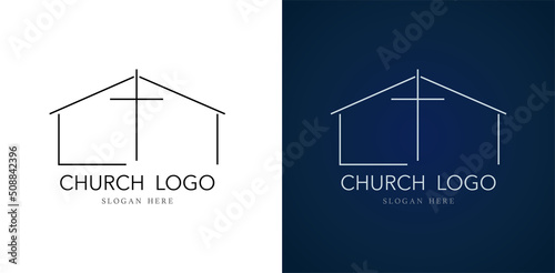 Print op canvas Church logo with cross and house design vector illustration isolated on white background