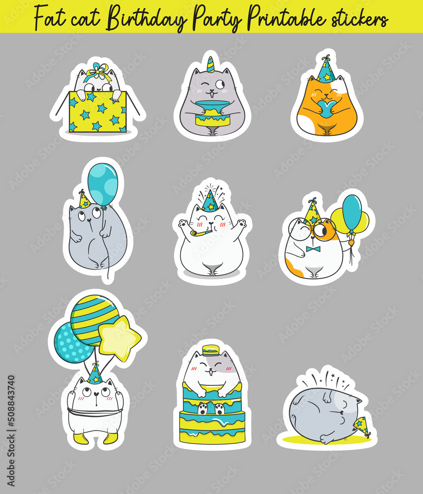 Fototapeta premium Fat cat birthday party stickers pack. Doodle illusstration, cartoon vector.