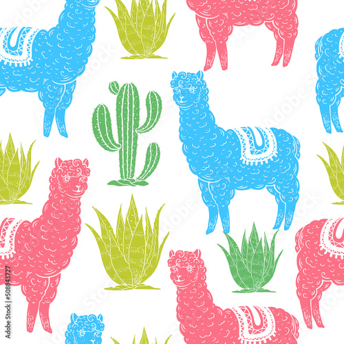 Alpaca seamless pattern. Hand drawn vector illustration. Cute llamas and cactus. Alpaca, llama, cactus background.