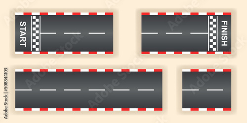 Racing track top view with start and finish line. Set of roadways for sport race kart. Grunge textured. Kit for Infinity race. Track with start, finish and line on road. Drift 3d traffic background