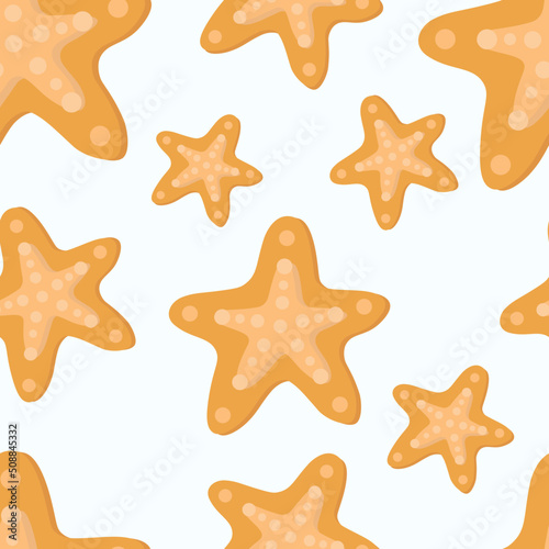 Pattern of orange starfish. Vector marine theme pattern.