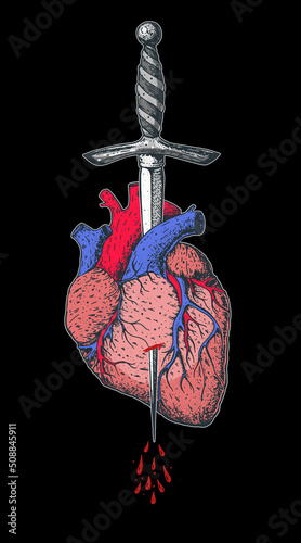 The human red heart is pierced with a dagger. Hand drawn vector illustration. Tattoo print.