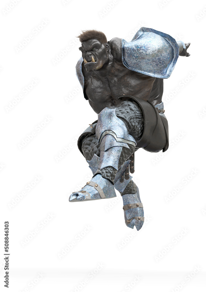 orc is landing from the jumping for action in a white background