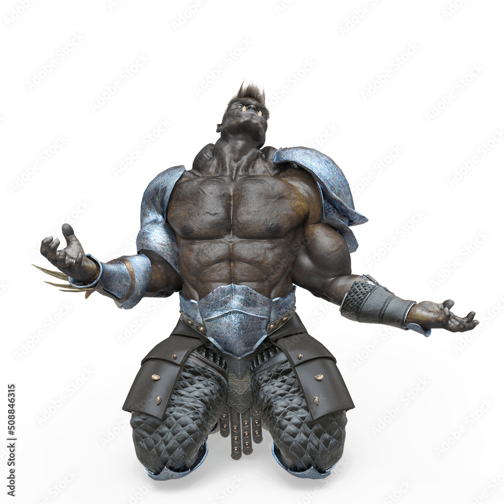 orc on his knees in a white background