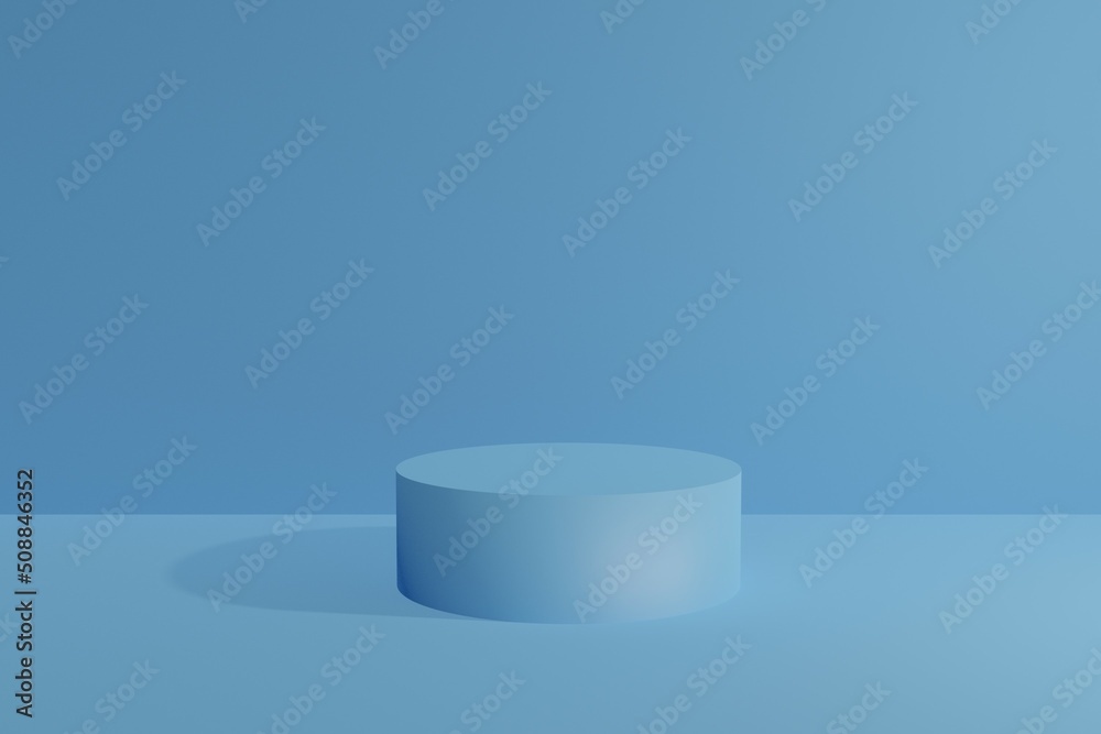 Blue pedestal for product showcase. Blue background for cosmetics brand design and advertising. Minimalism. 3D-rendering