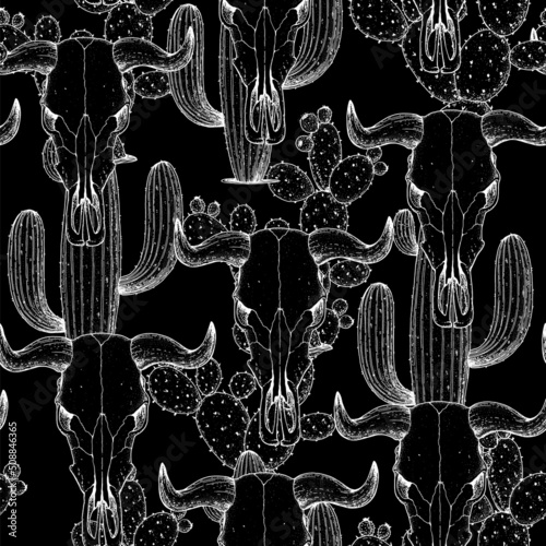 Buffalo Skull and cactus sketch, hand drawn illustration. Seamless pattern. Wild west print. Vector illustration. Tattoo vintage print. Buffalo Skull and cacti background.