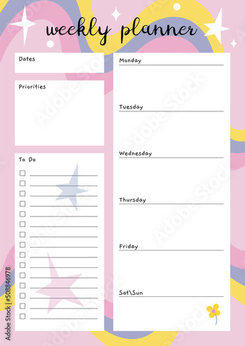 Cute weekly planner, to do list, with abstract shapes and doodles, cartoon style. Trendy modern vector illustration, hand drawn, flat design.