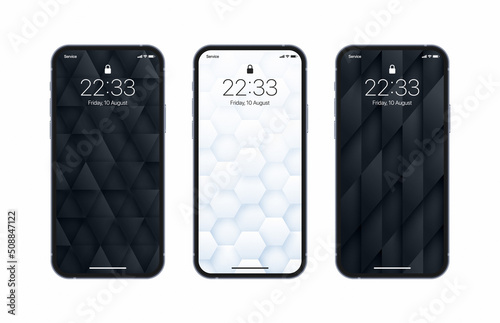 Vector Different Variations Black And White 3D Geometric Wallpaper Set On Photo Realistic Smart Phone Screen Isolated On White Background. Abstract 3D Render Textures Vertical Smartphone Screensavers