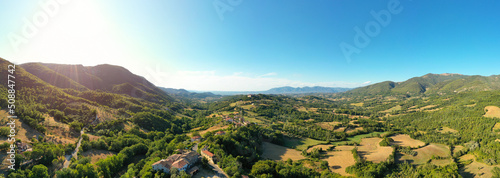 180 degrees scenic panoramic natural landscape. Countryside of Italy, Europe. Aerial Drone view © dero2084