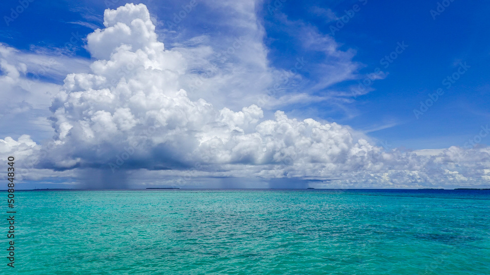 view of an ocean, turquoise water with cloudy sky