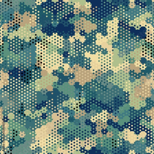 Blue and beige halftones hexagon snake skin. Seamless geometric vector texture