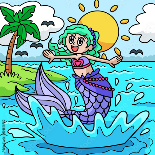 Jumping Mermaid Colored Cartoon Illustration