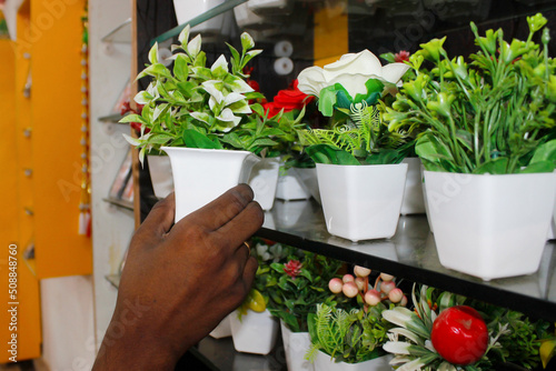 person Taking flower pot in the shop 