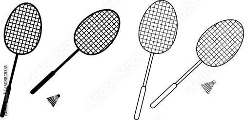 Vector of badminton, rackets and shuttlecock. Black tennis racket with a shuttlecock in a sketch on a white background. Vector illustration sports equipment. Black illustration on a white background