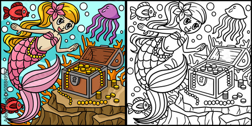 Mermaid With Treasure Box Colored Illustration
