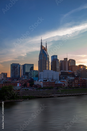Skyline of downtown Nashville along the Cumberland River.