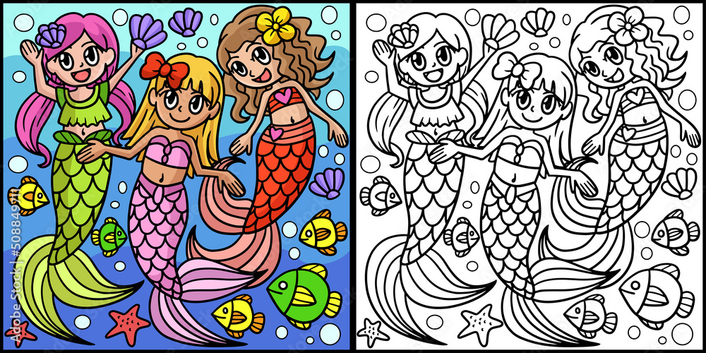 Mermaid With Friends Colored Illustration